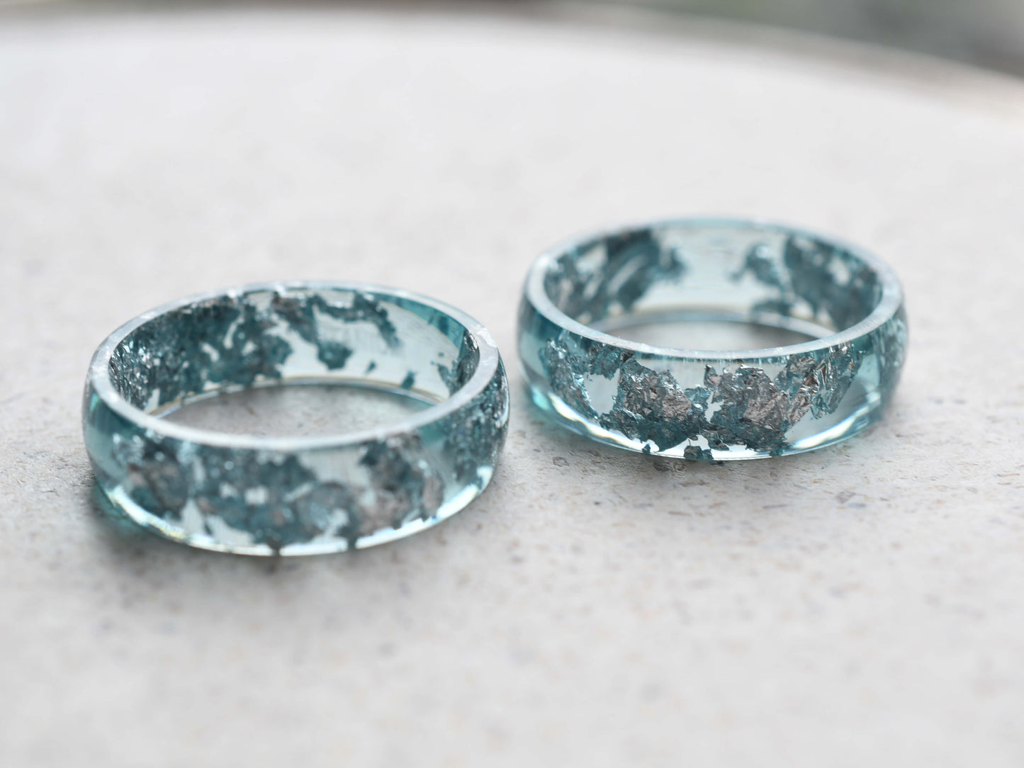 Smooth Aquamarine Resin Ring With Silver Leaf