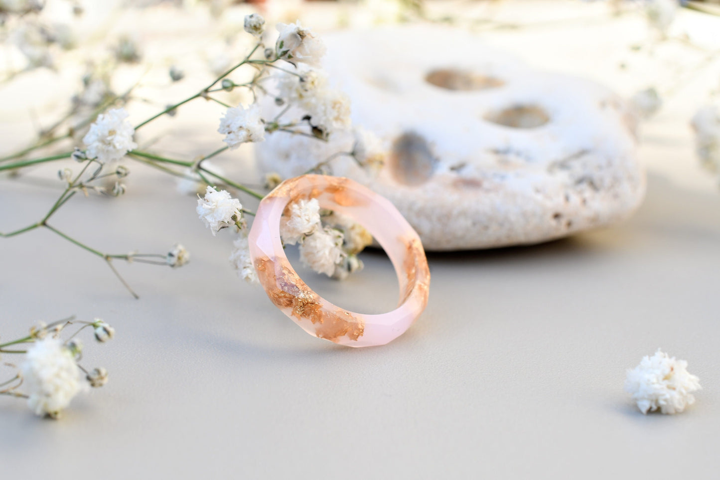 Cotton candy pink resin ring with gold flakes