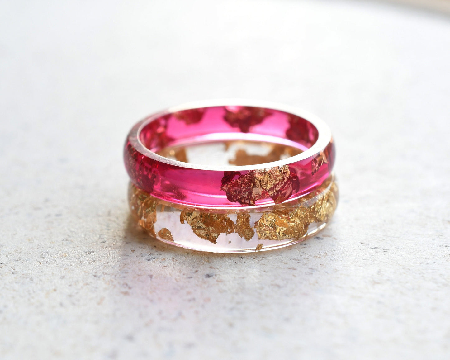 Stacking resin ring set with gold leaf and cherry red band