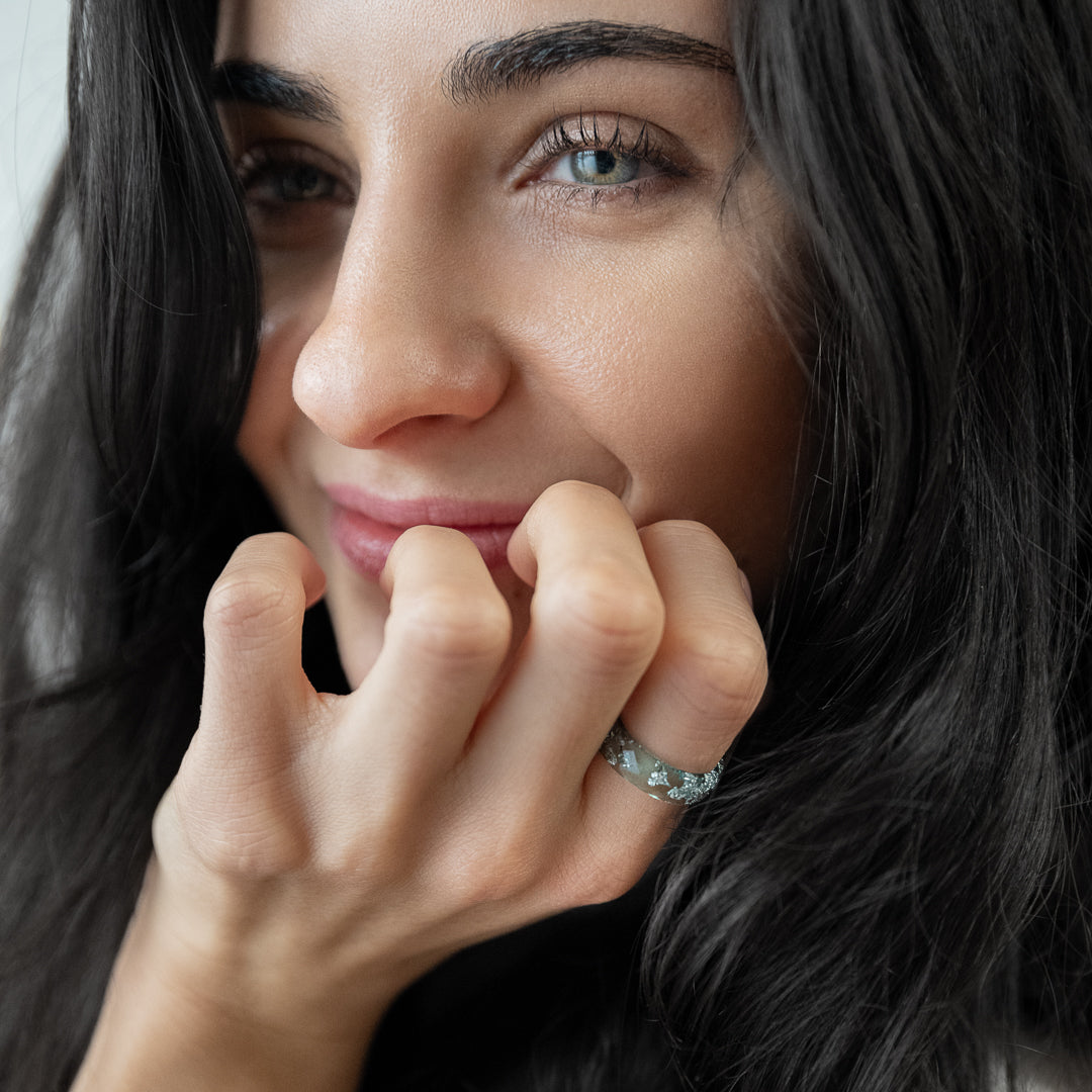 Aquamarine resin ring with metallic silver shimmer Vienna