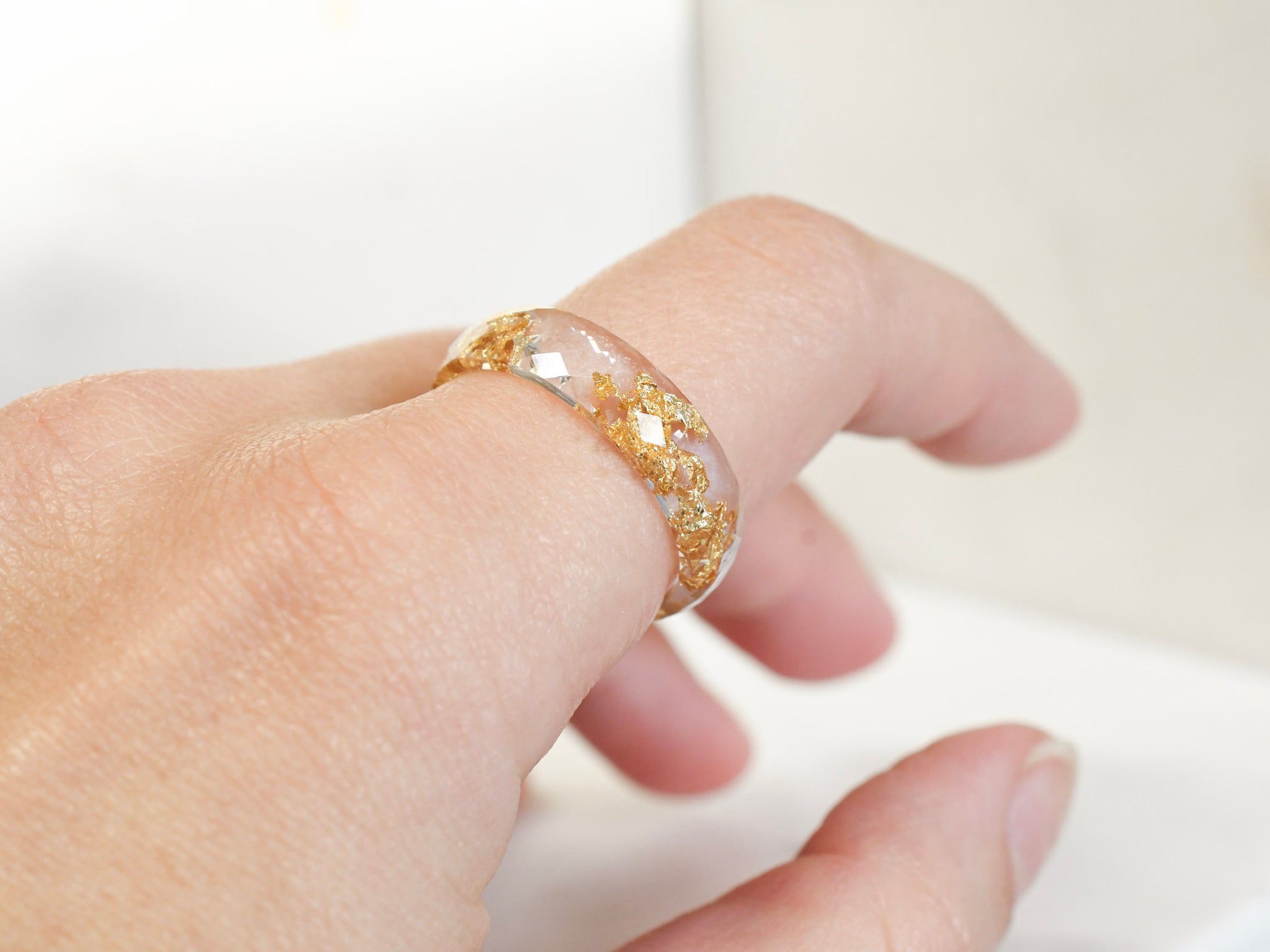 Crystal clear resin ring with metallic gold shimmer Vienna