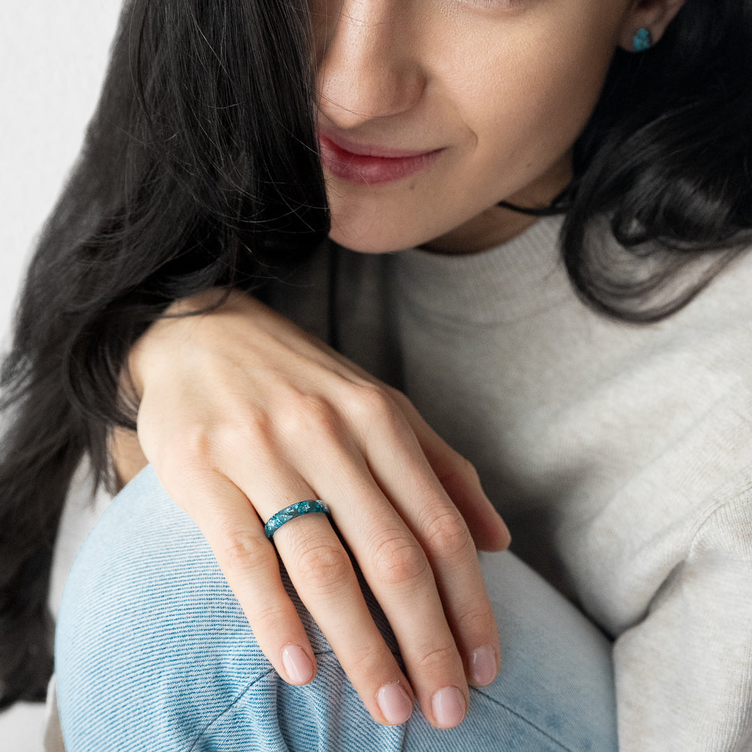 Midnight Bloom faceted deep blue resin ring silver flakes