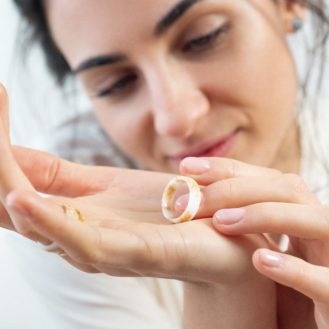 Golden Pearl faceted white resin ring gold flakes
