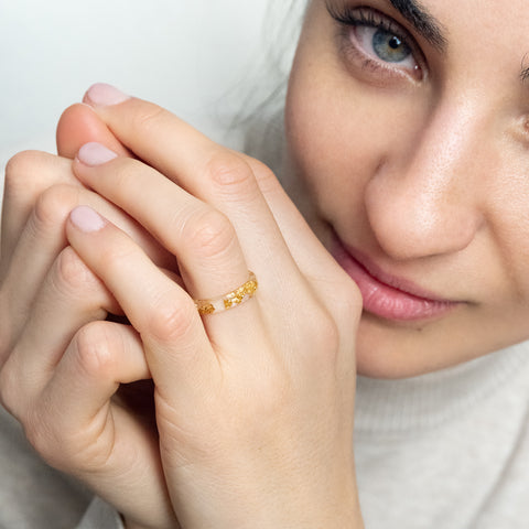 Crystal clear resin ring with metallic gold shimmer Vienna