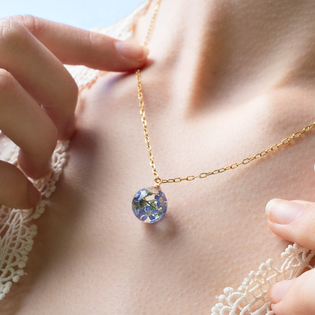 Forget-me-not memorial resin necklace clear sphere pendant