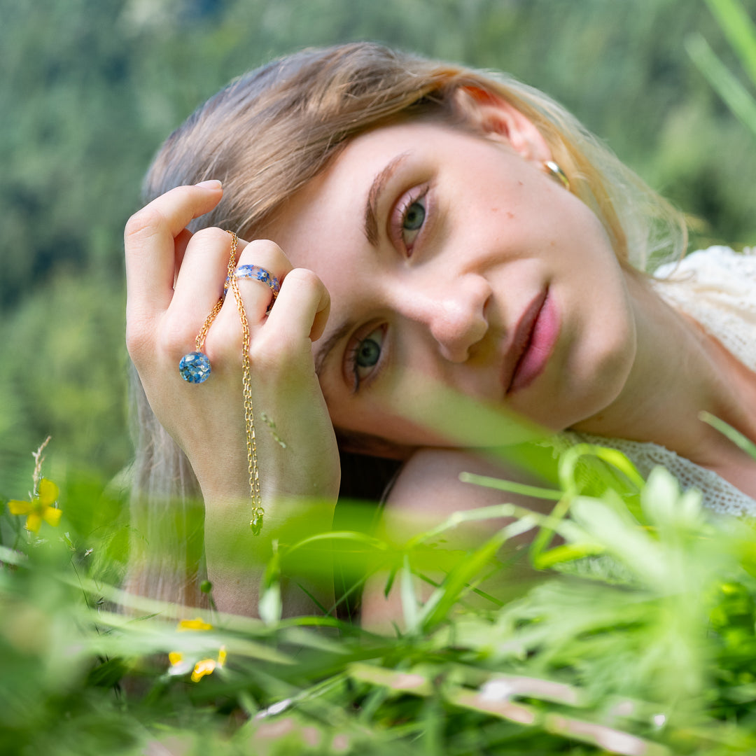 Real pressed forget-me-not preserved in resin necklace Vienna