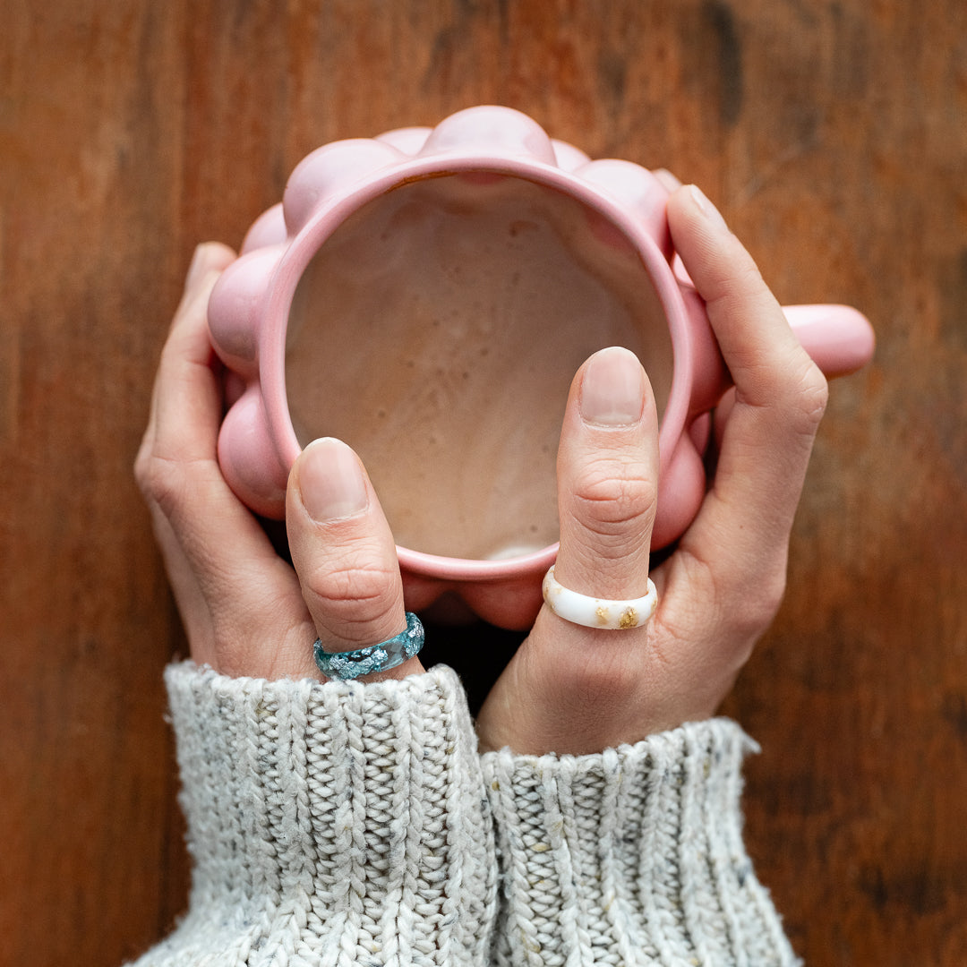 Ocean Whisper faceted aquamarine resin ring silver flakes