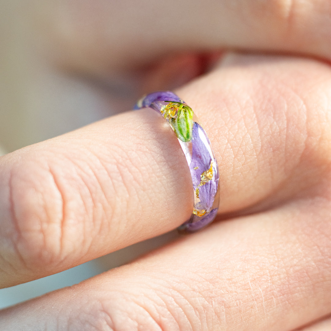 Larkspur Bloom July birth flower resin ring violet petals
