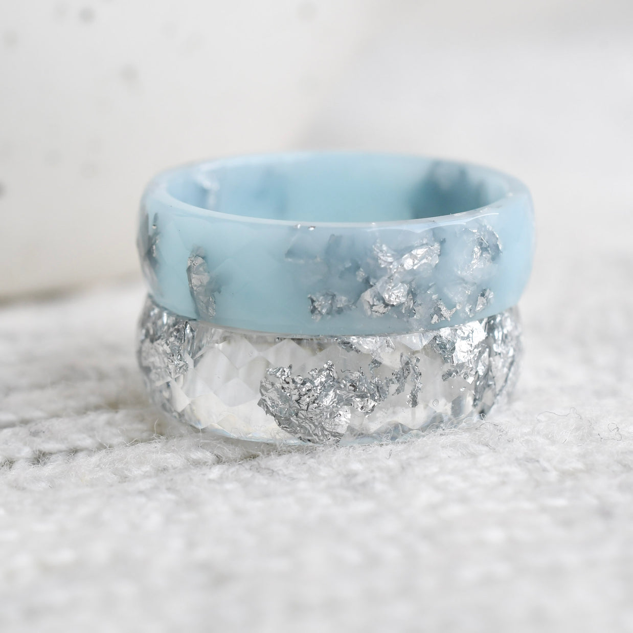 Classic faceted glacier blue resin ring with silver flakes minimalist jewelry