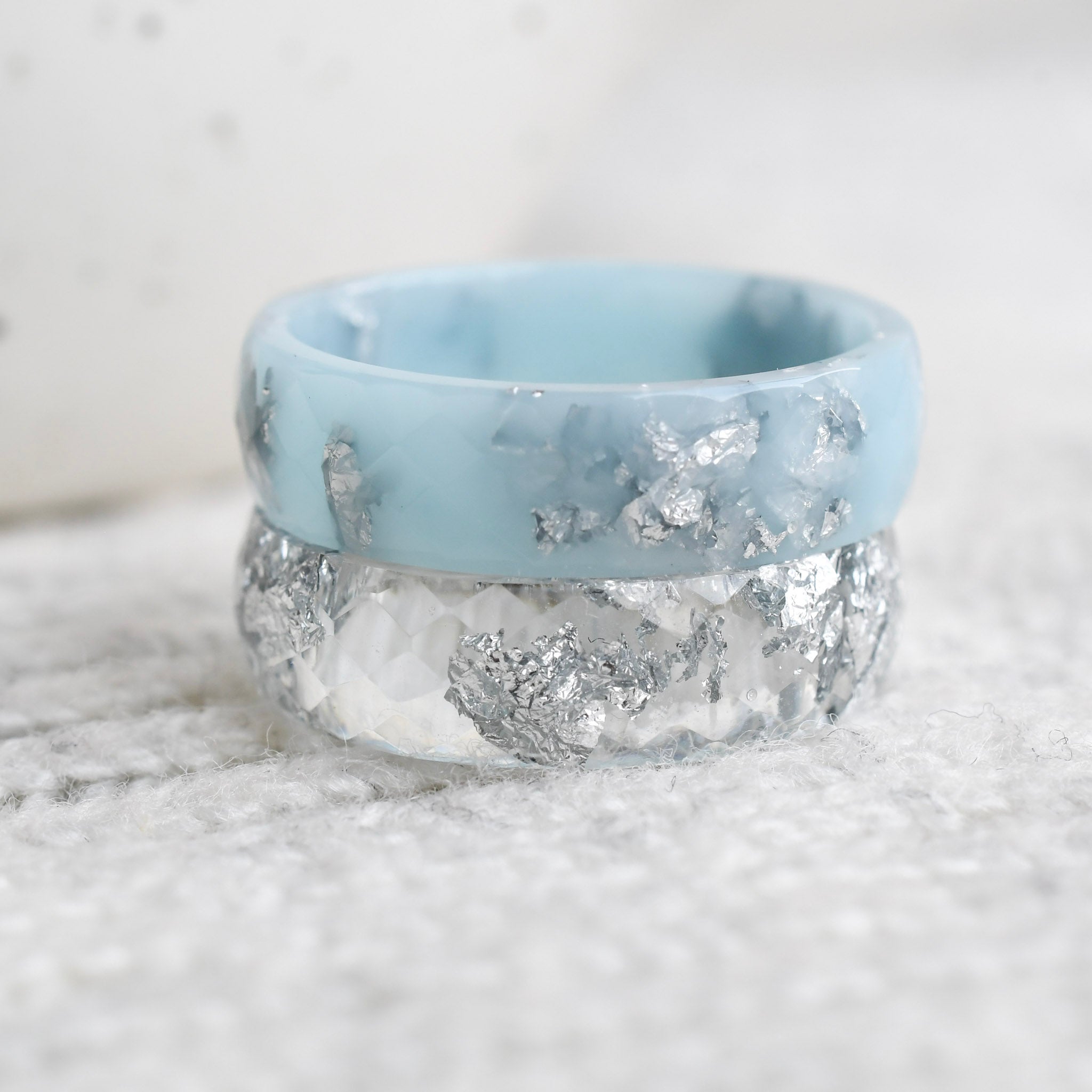 Classic faceted glacier blue resin ring with silver flakes minimalist jewelry