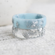 Classic faceted glacier blue resin ring with silver flakes minimalist jewelry