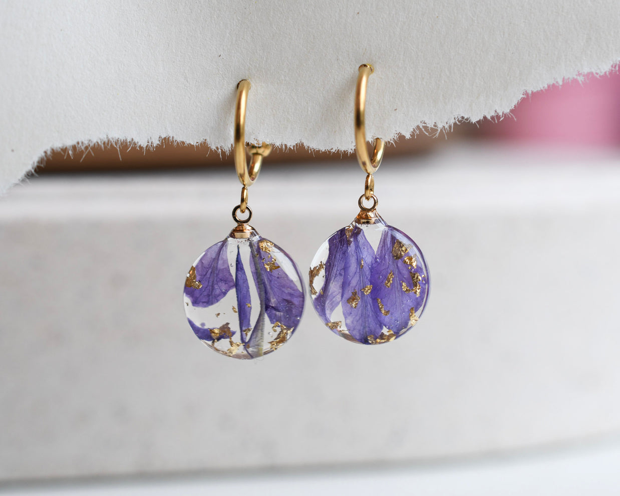Botanical resin earrings with real larkspur flowers Vienna