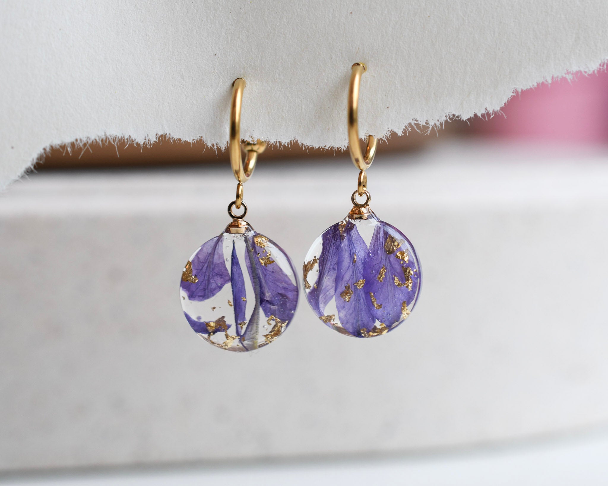 Botanical resin earrings with real larkspur flowers Vienna