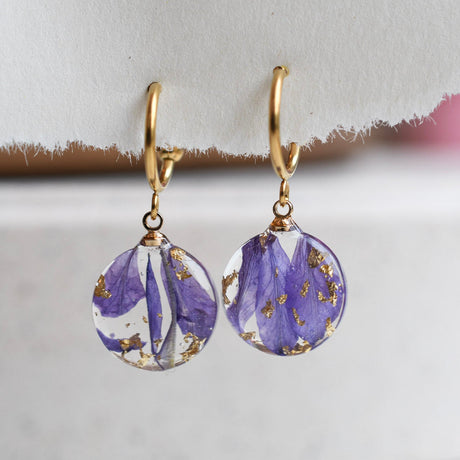 Botanical resin earrings with real larkspur flowers Vienna