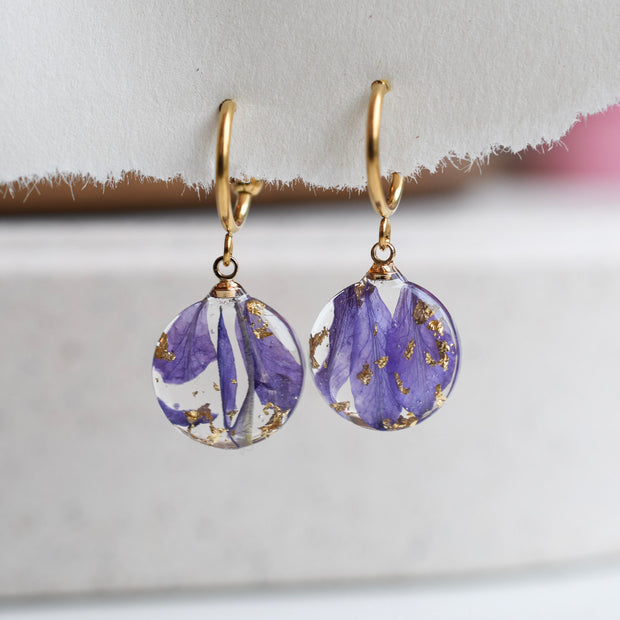 Botanical resin earrings with real larkspur flowers Vienna