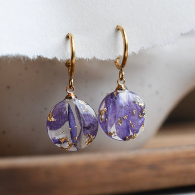 Larkspur Bloom resin earrings real purple petals gold leaf