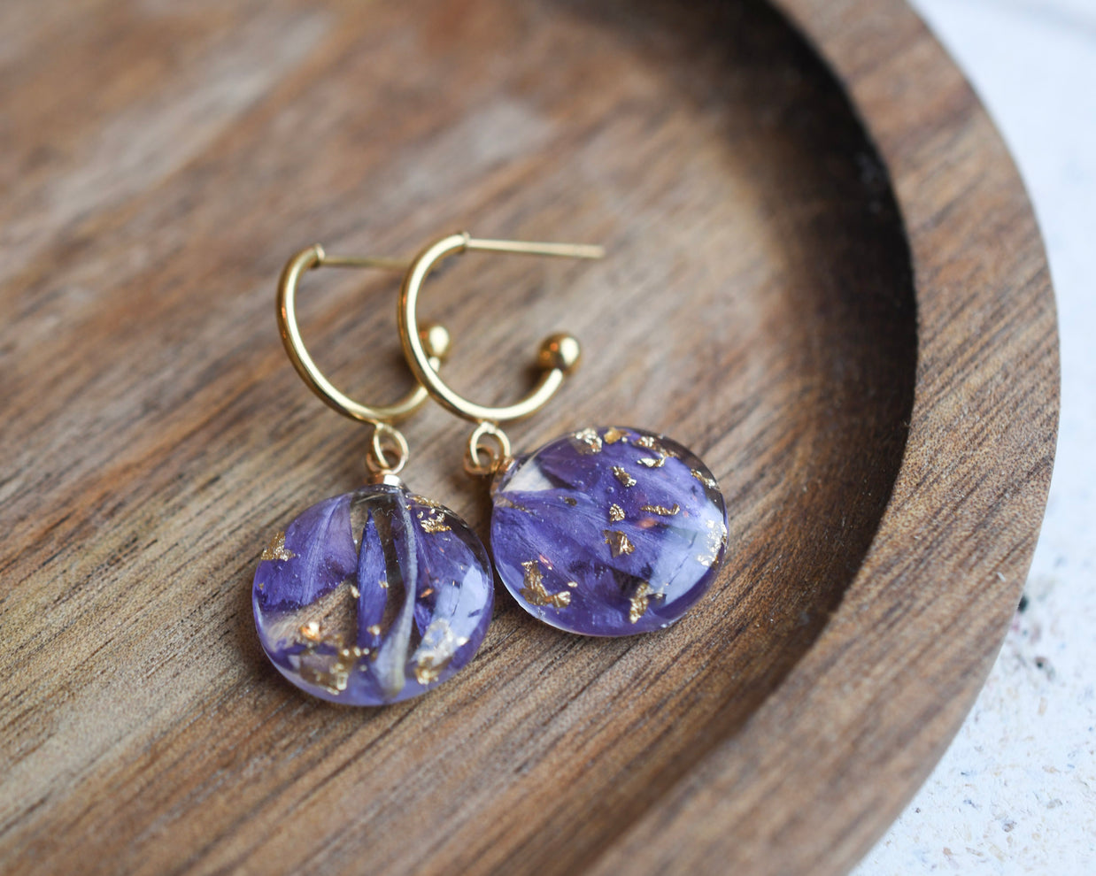 Purple flower resin earrings handmade botanical jewelry