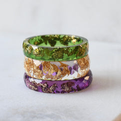 Slim faceted violet resin ring with gold leaf minimalist jewelry