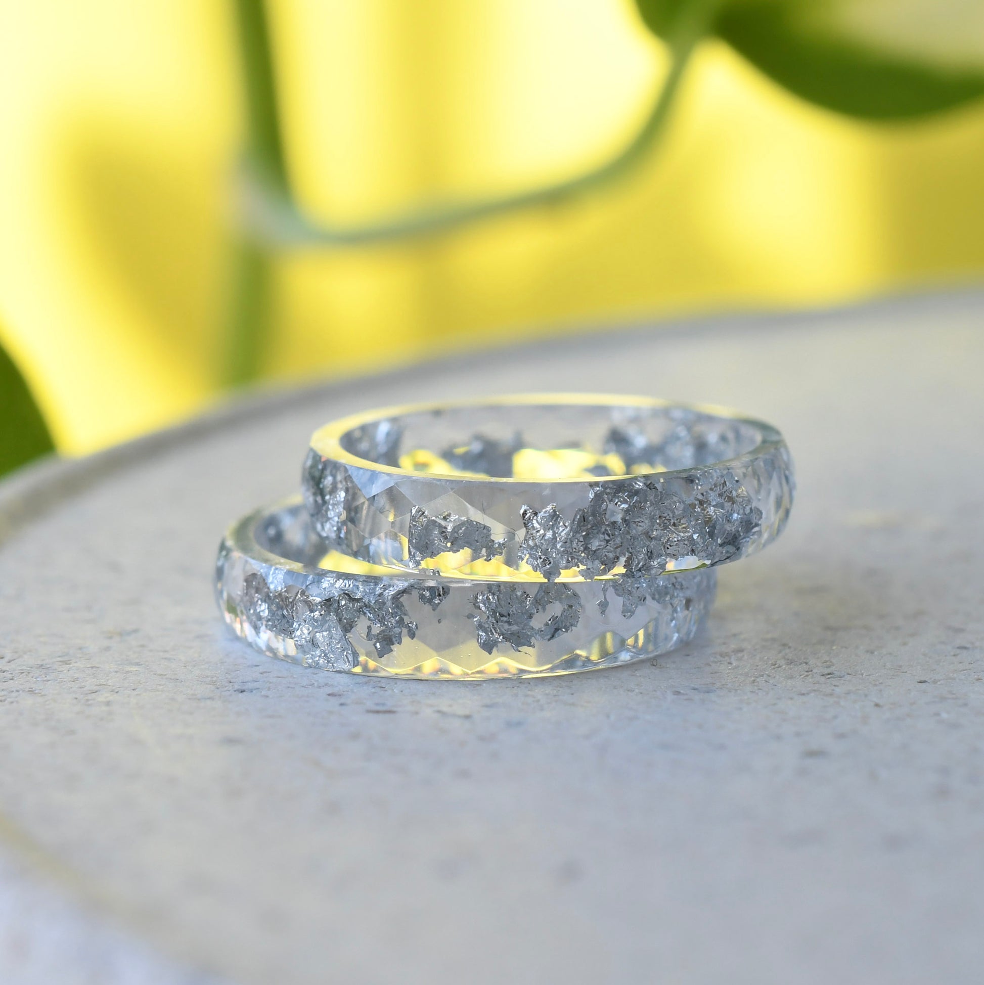 Handmade clear resin ring with metallic silver leaf by Resity Vienna
