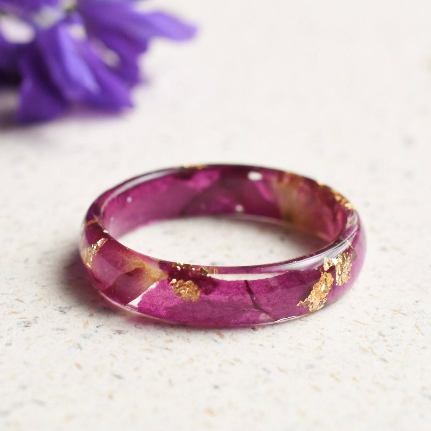 Real pink rose petals preserved in resin ring Vienna
