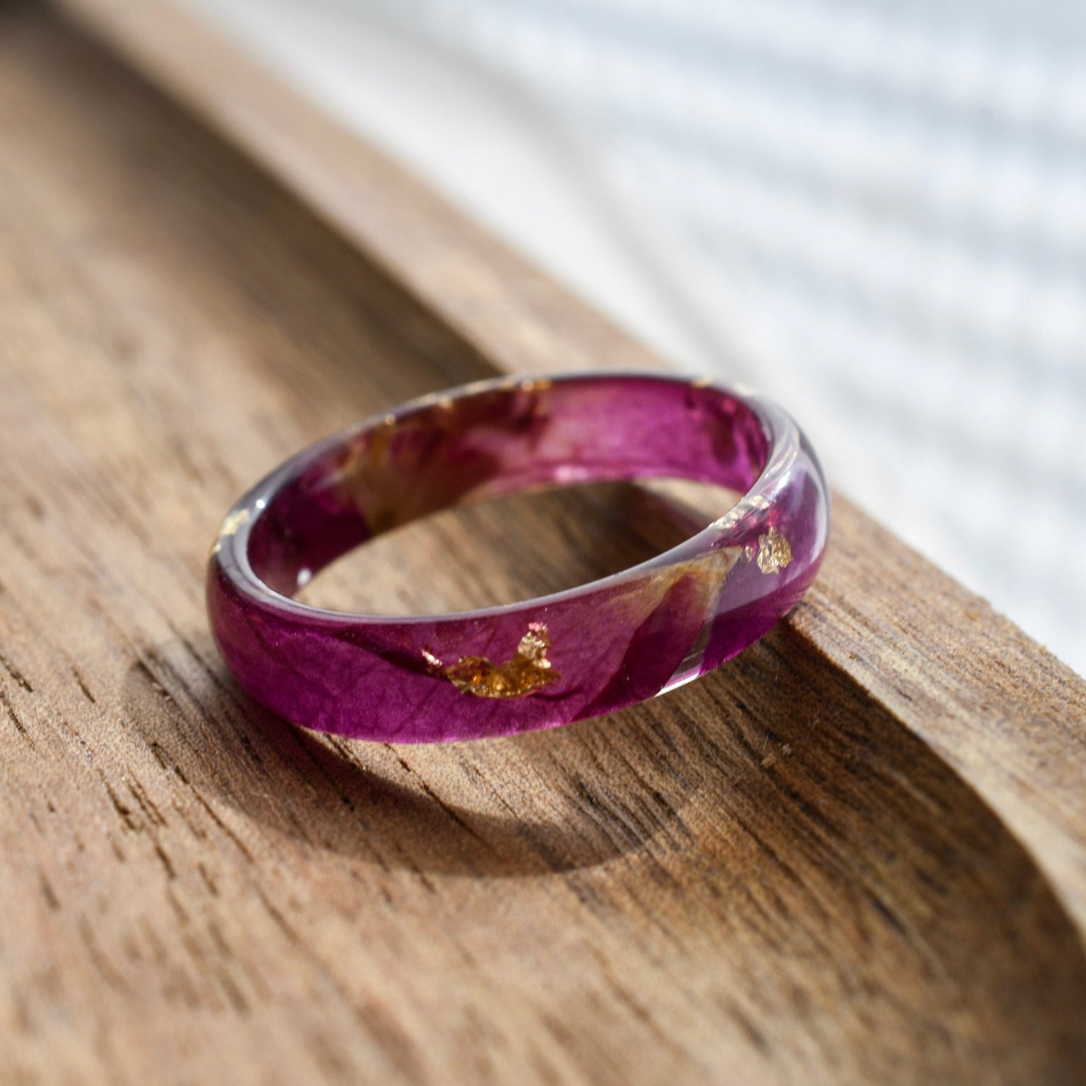 Rose Bloom June birth flower resin ring gold flakes