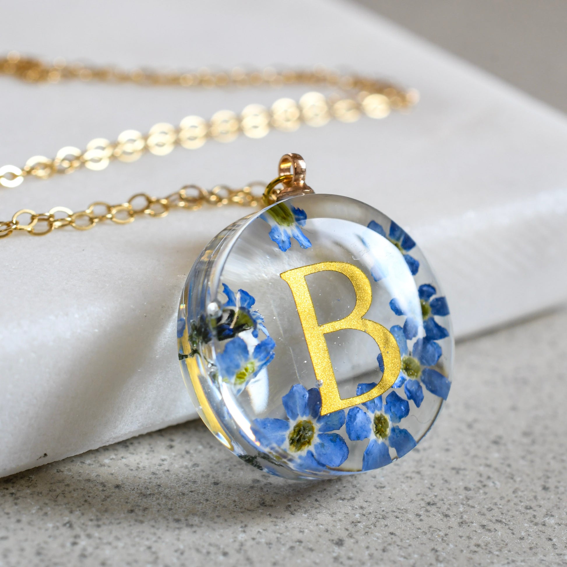 Blue Whisper Initial – Forget-Me-Not Resin Necklace