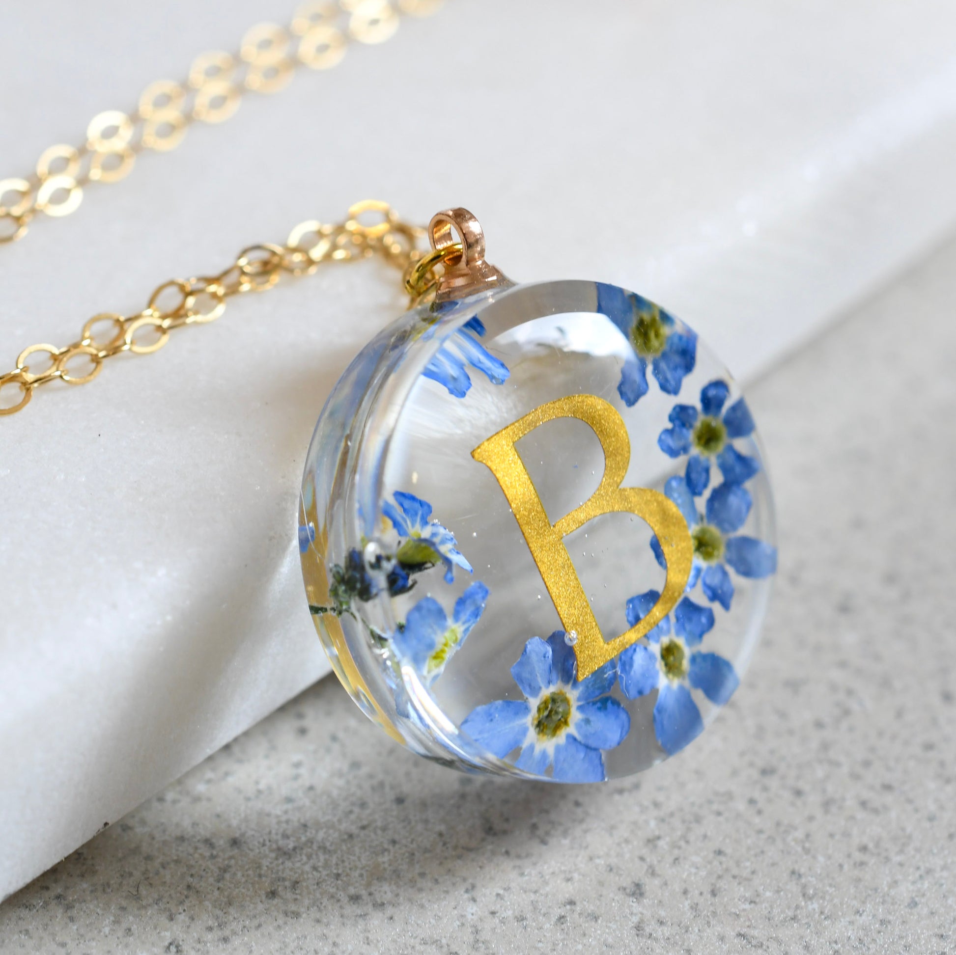 Blue Whisper Initial – Forget-Me-Not Resin Necklace