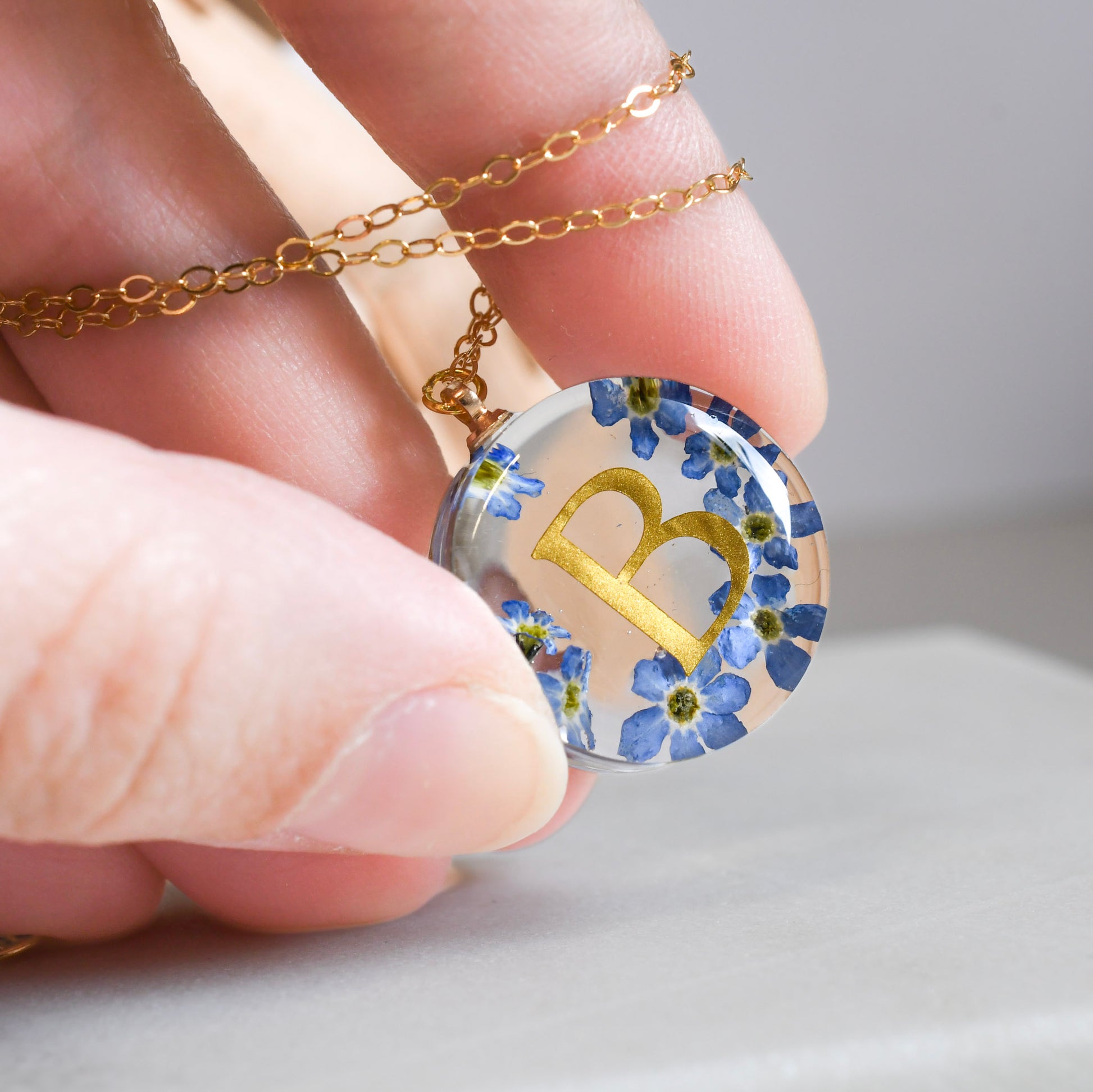 Blue Whisper Initial – Forget-Me-Not Resin Necklace