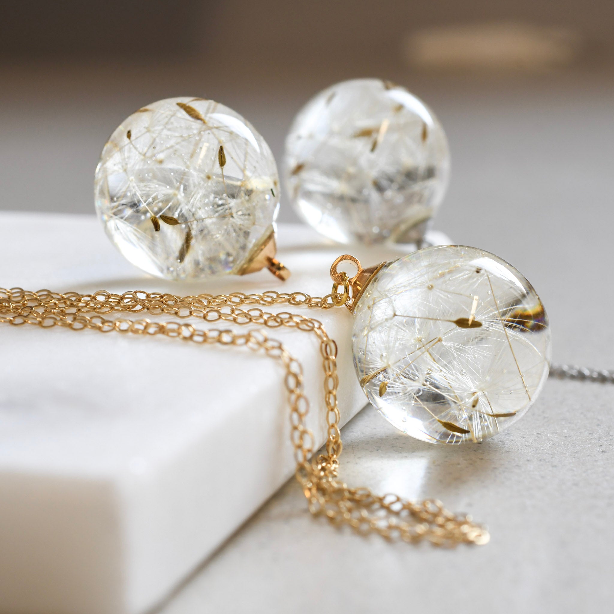Wish Sphere dandelion seed resin necklace clear sphere pendant