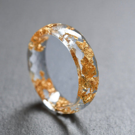 Golden Quiet faceted clear resin ring gold flakes