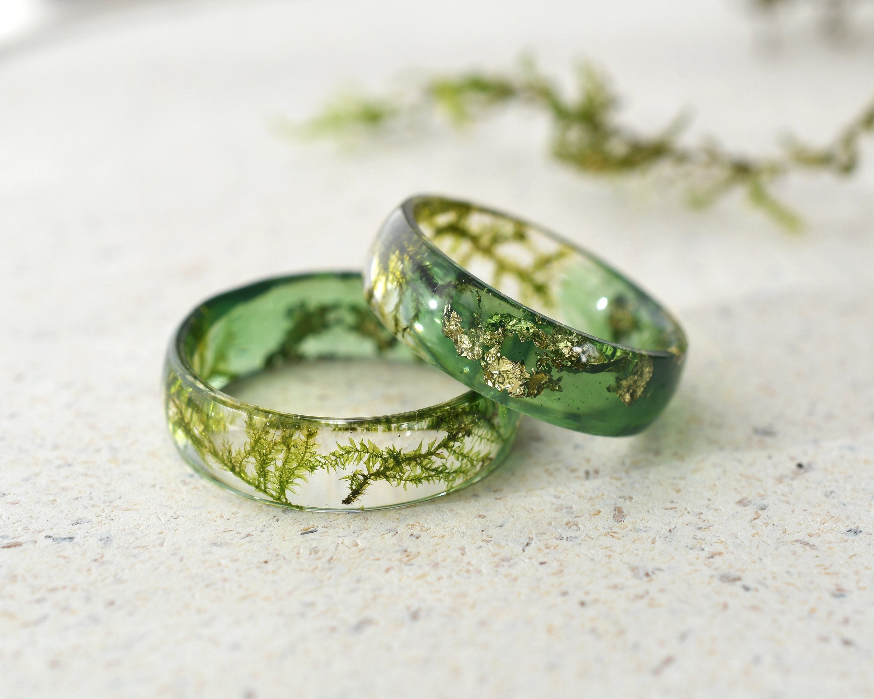 Golden moss resin ring for nature lovers