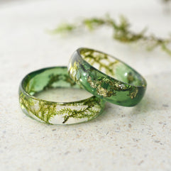 Golden moss resin ring for nature lovers