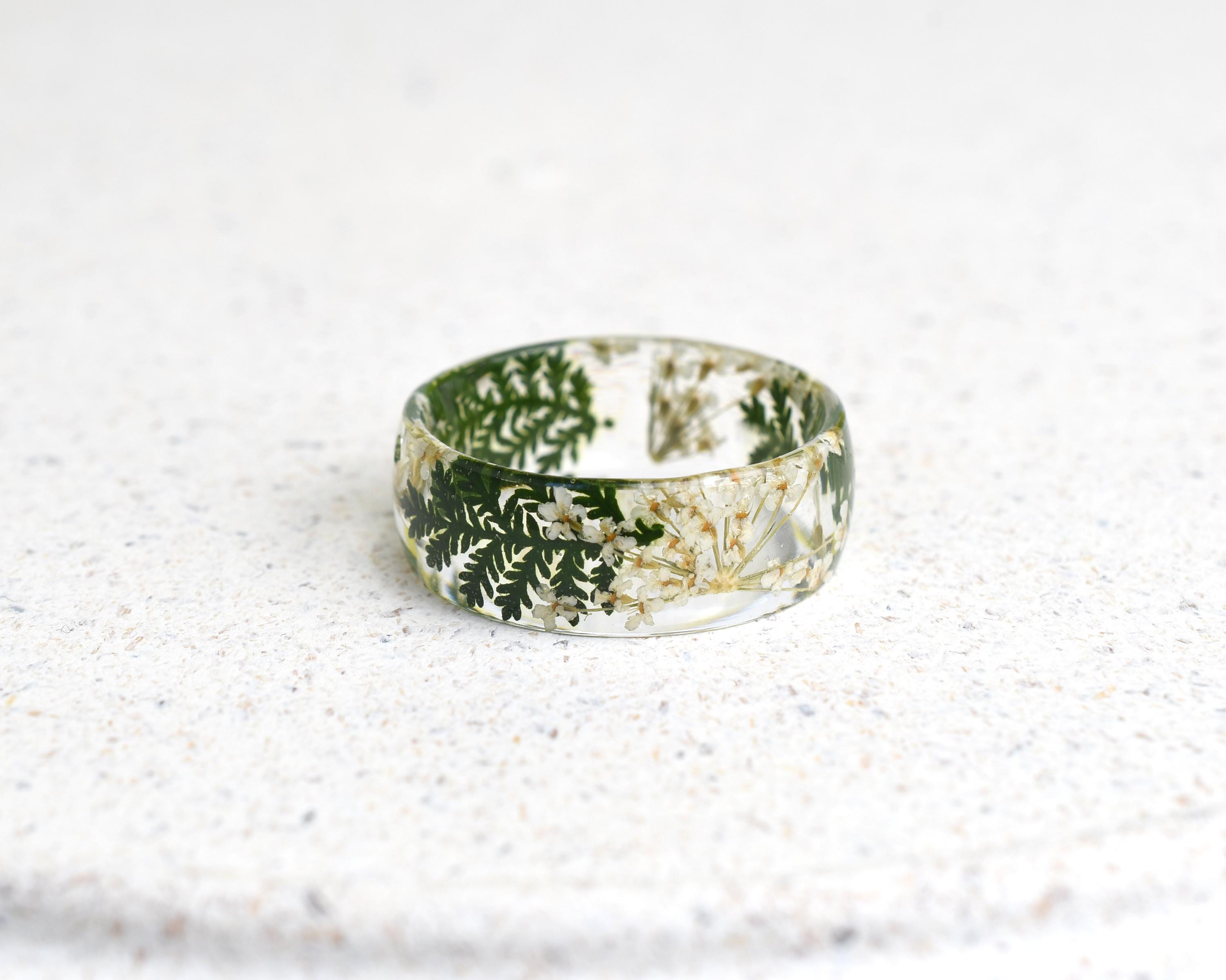 Handmade resin ring with white flowers and foliage
