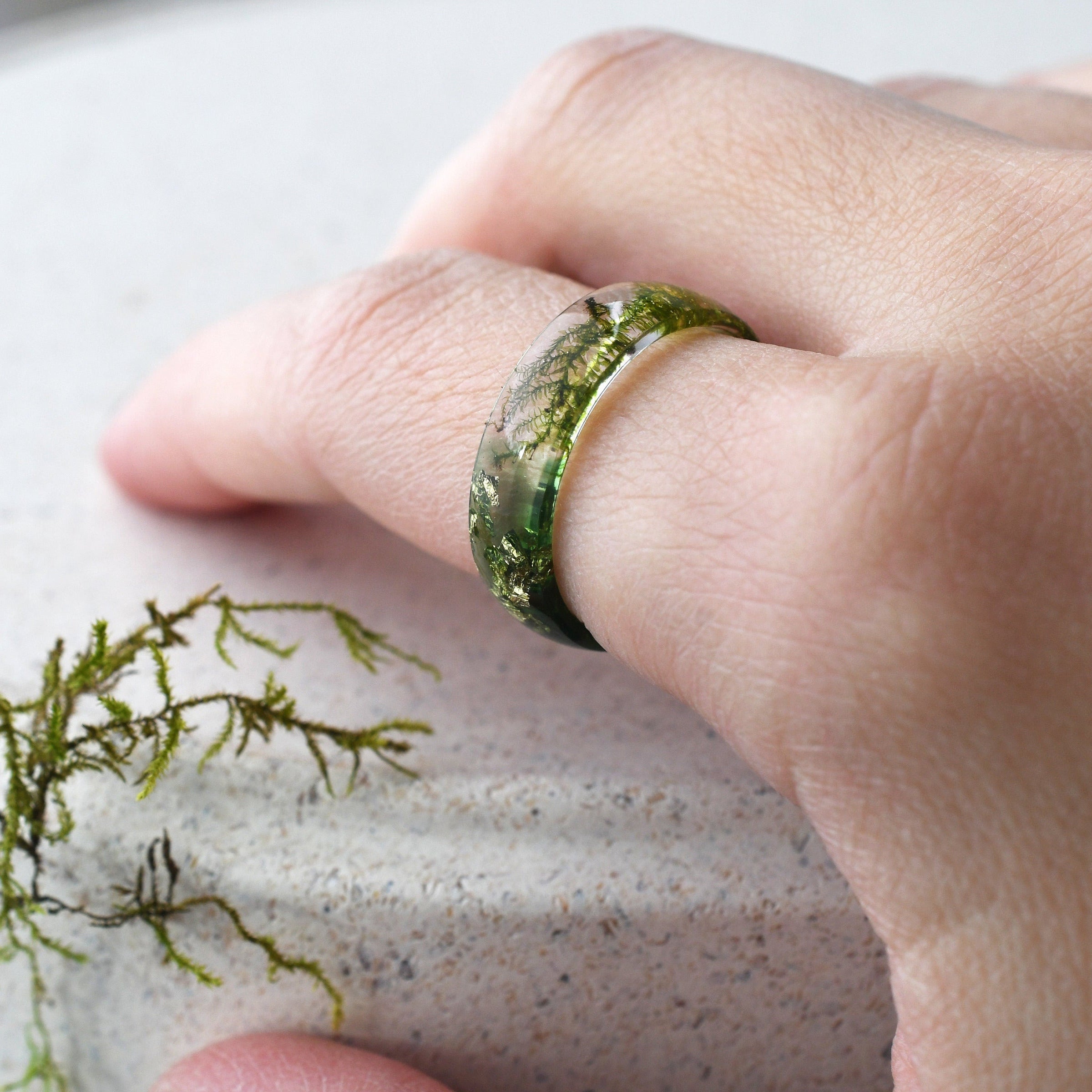 Handmade unisex resin band with moss inclusions