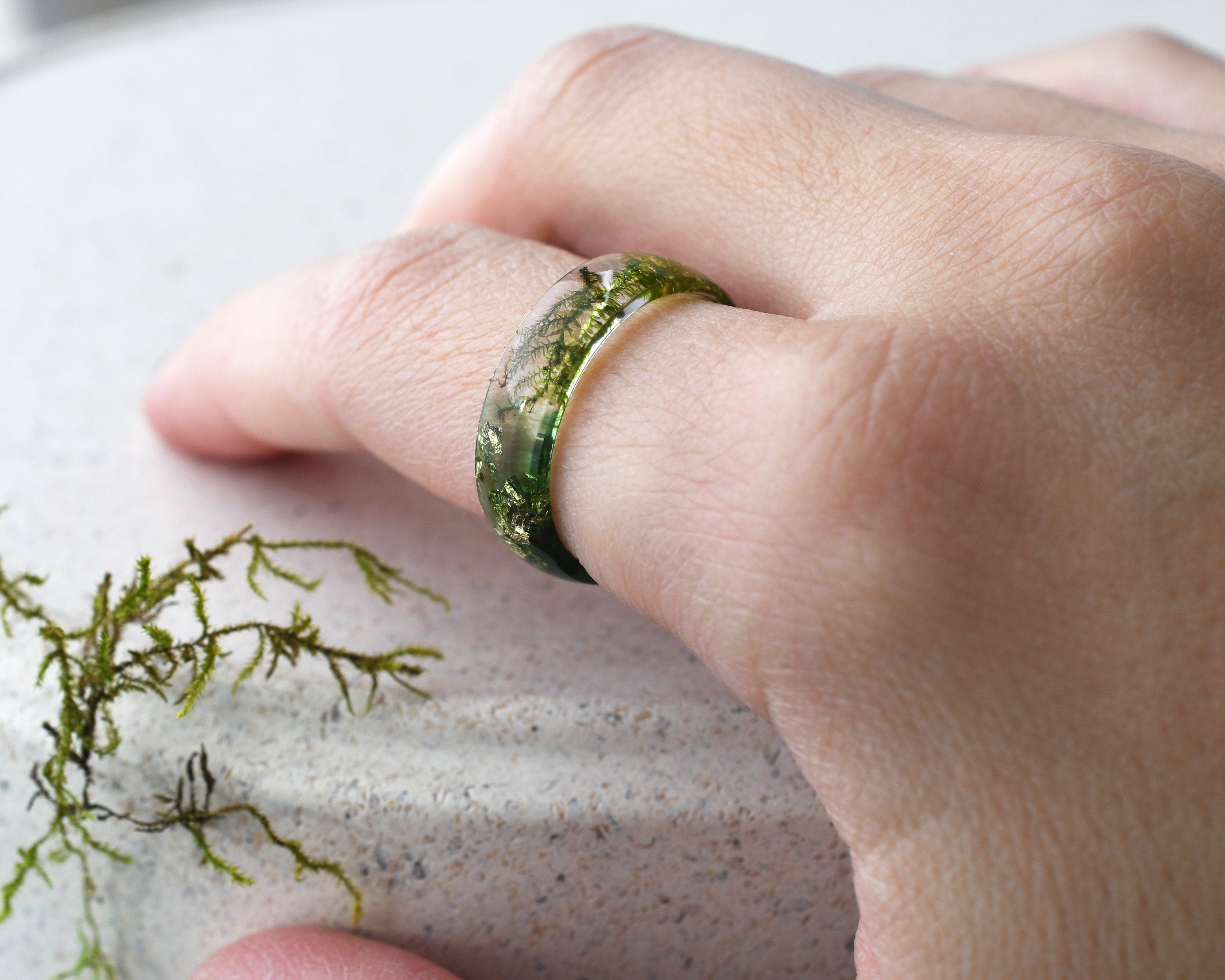 Handmade unisex resin band with moss inclusions