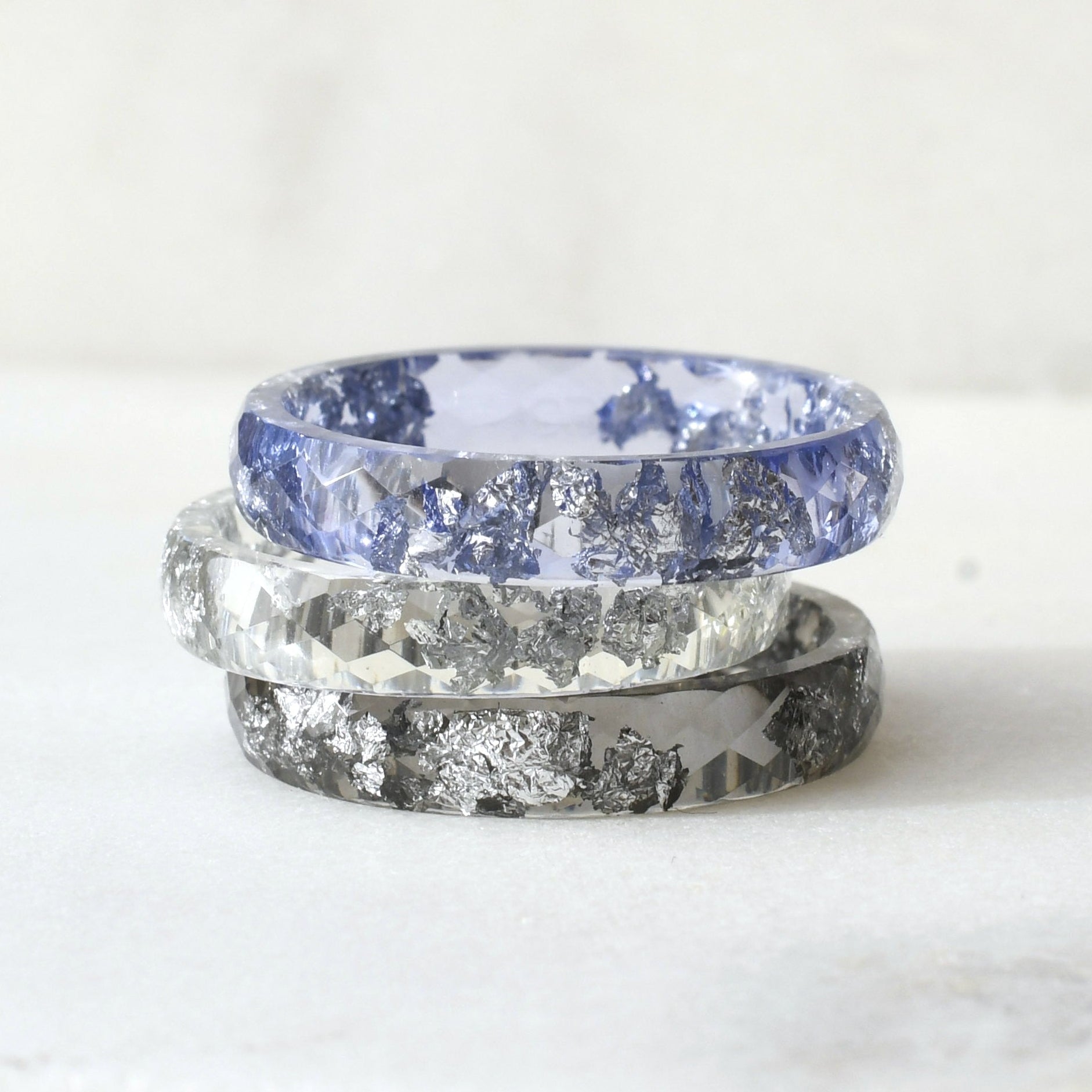 soft purple clear and grey resin 3 ring stack with silver flakes handmade in Vienna