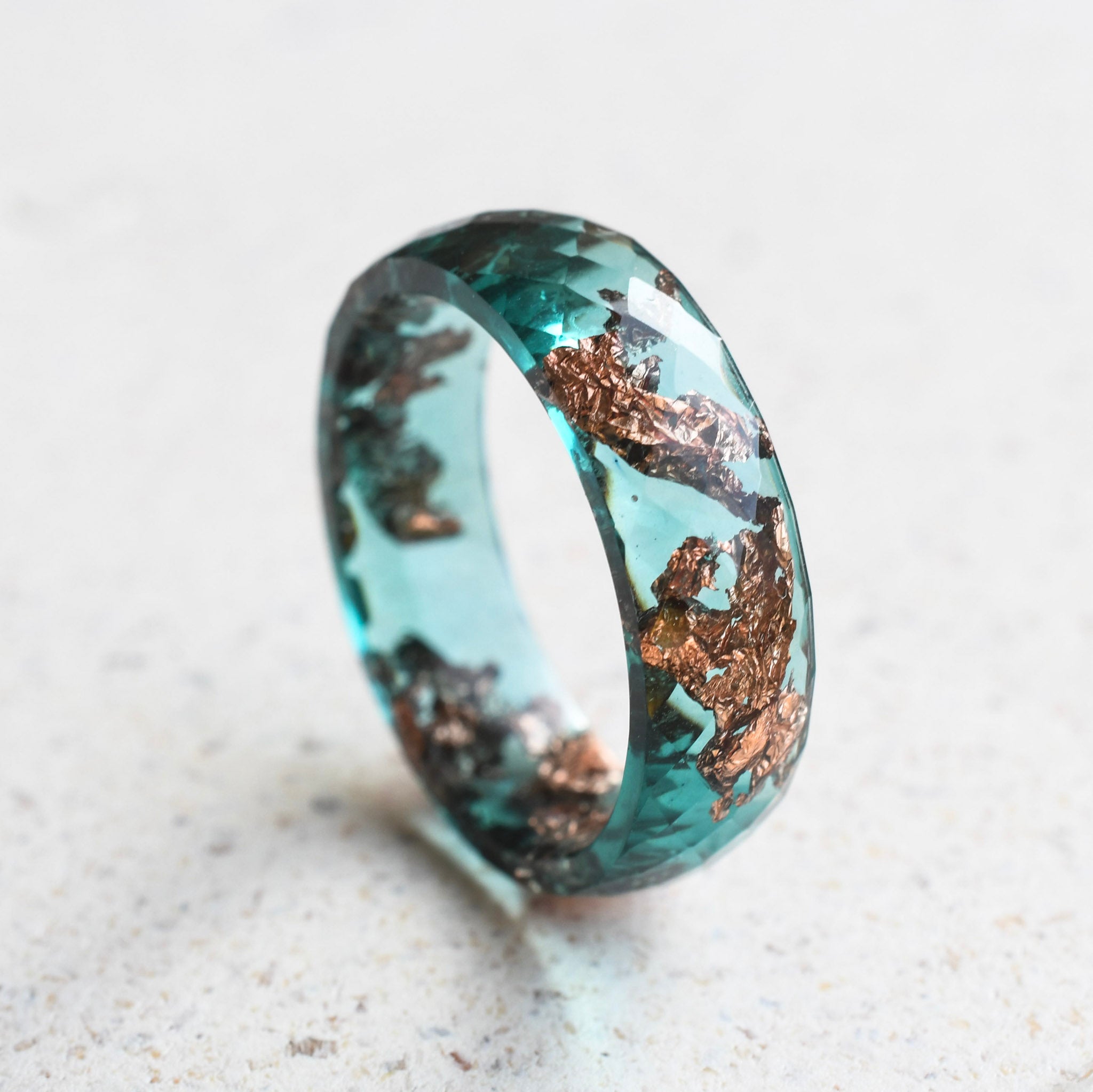 Faceted jade green resin ring with metallic rose gold leaf handmade in Vienna