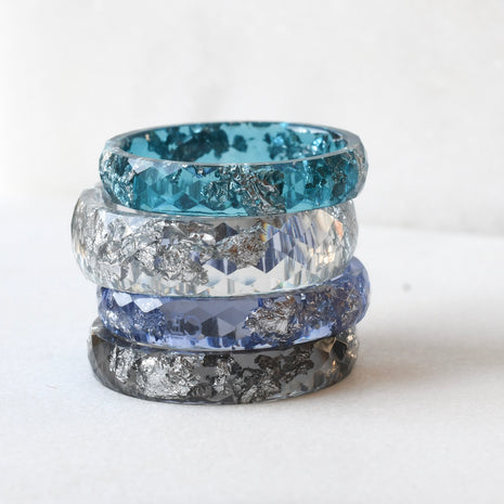Modern unisex aqua resin ring with faceted slim band design
