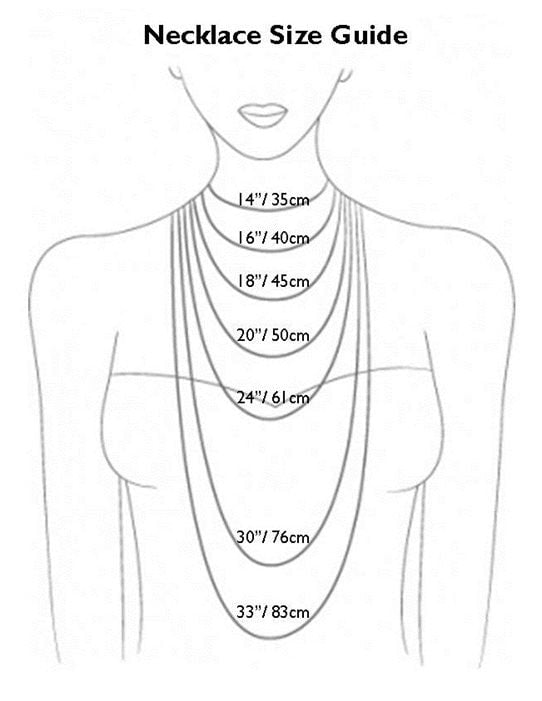 Necklace size guide with measurements on a line drawing of a person