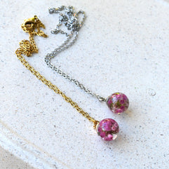 Pink Glade Necklace showing pendant size and chain style