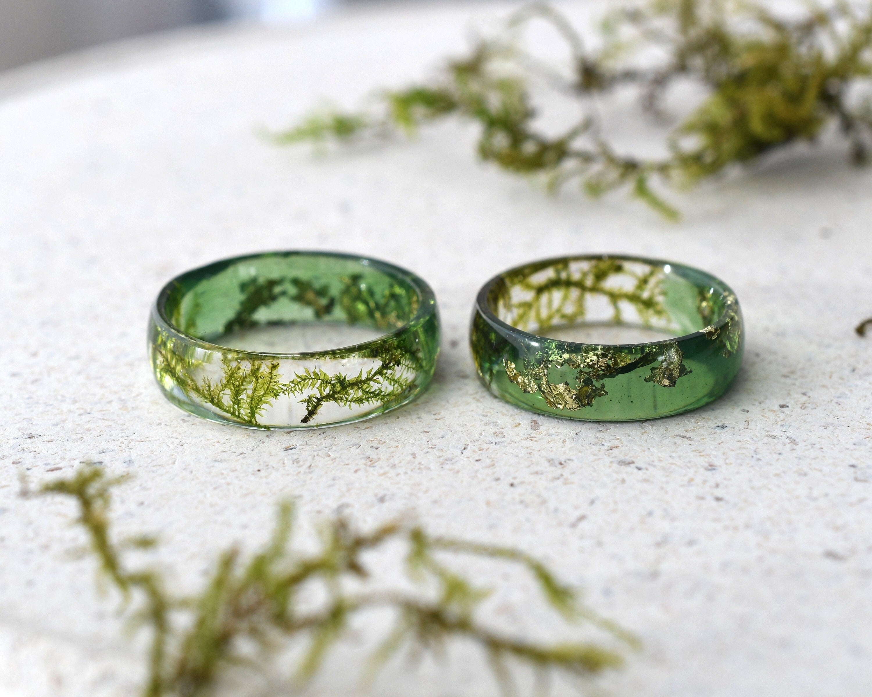 Resin ring with preserved moss and shimmering gold leaf