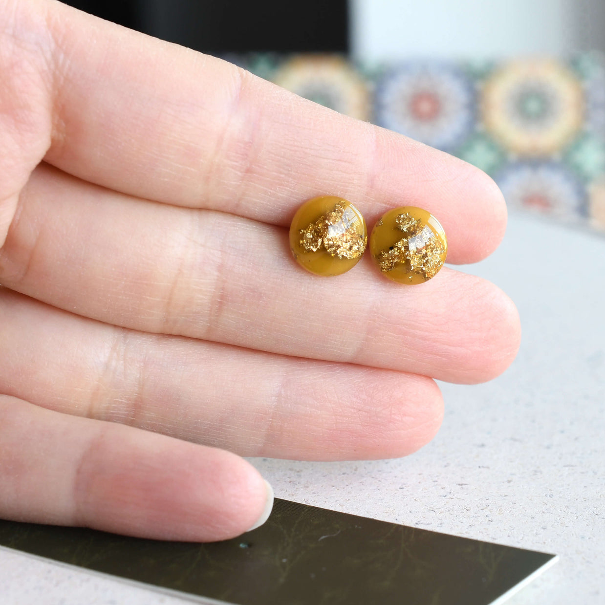 Minimalist amber resin earrings with shimmering gold flakes — elegant handmade jewelry