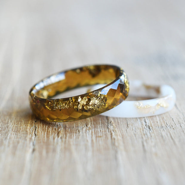 Faceted amber resin ring with gold leaf handmade by Resity in Vienna