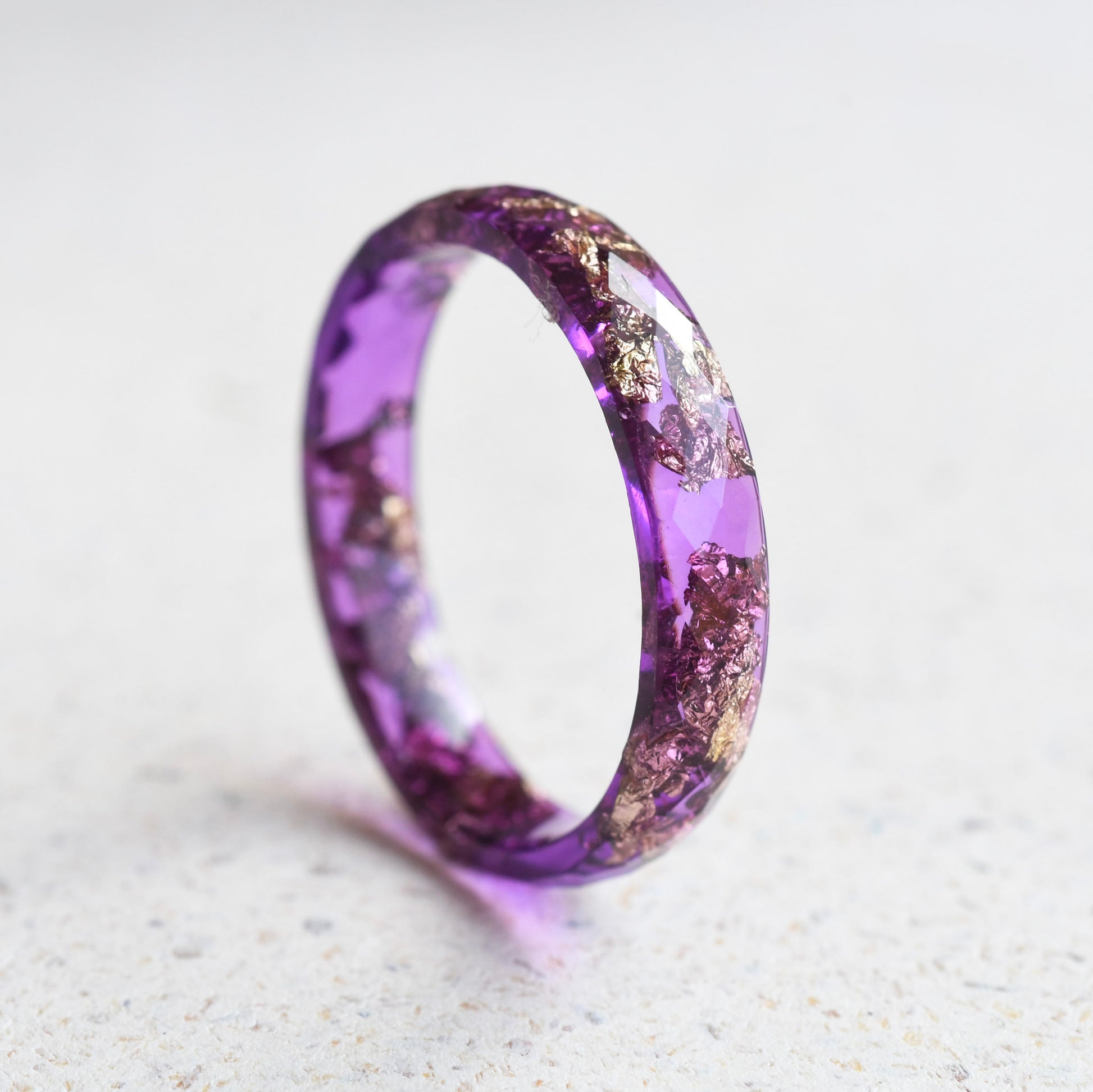 purple resin ring with gold flakes