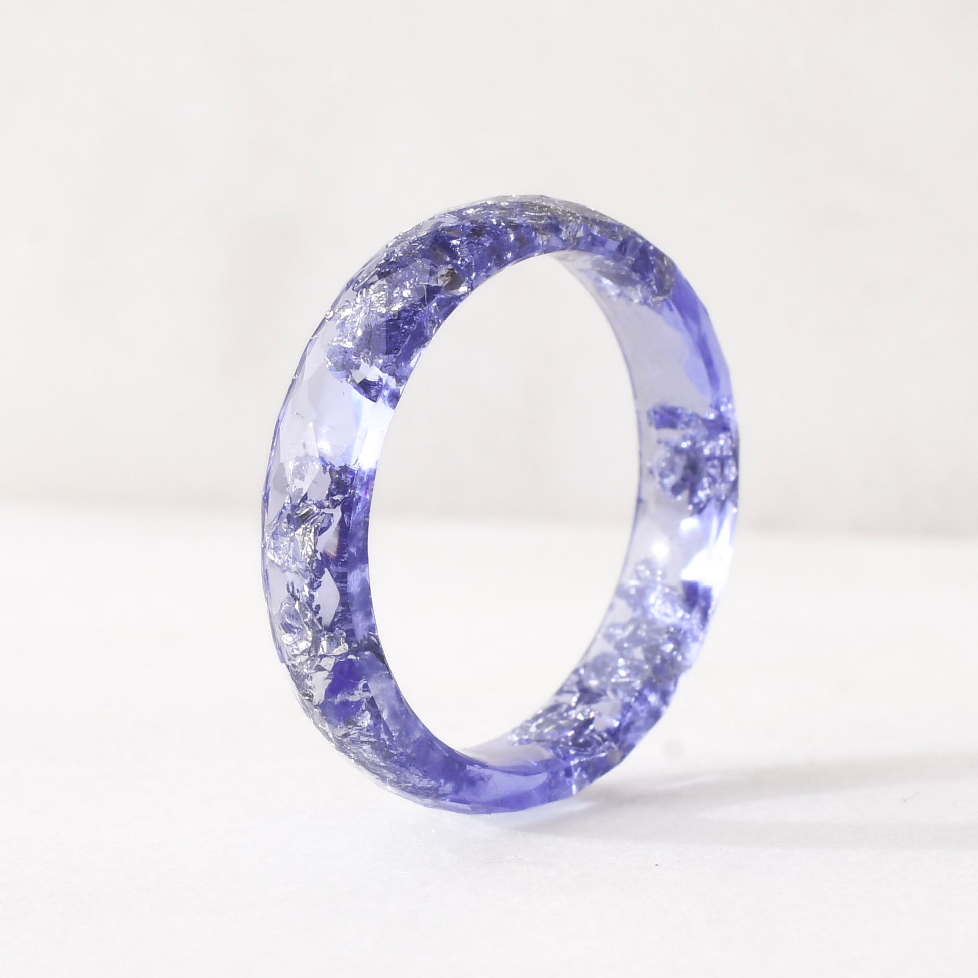 Slim faceted amethyst purple resin stacking ring with metallic silver leaf handmade in Vienna