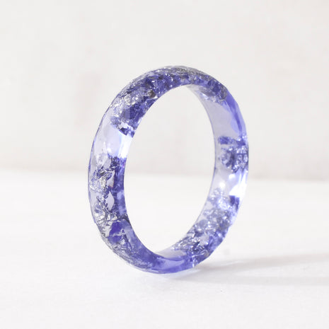 Slim faceted amethyst purple resin stacking ring with metallic silver leaf handmade in Vienna