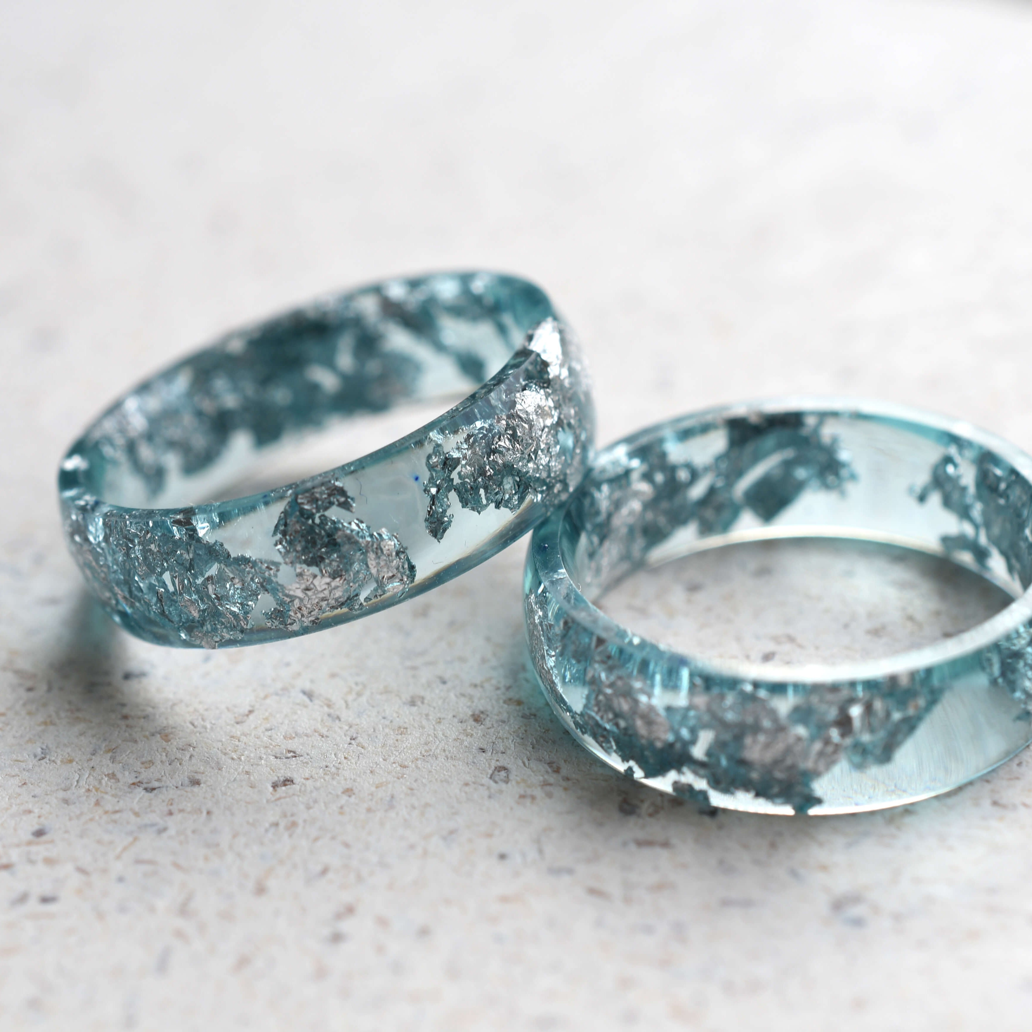 Aquamarine resin ring with metallic silver shimmer Vienna