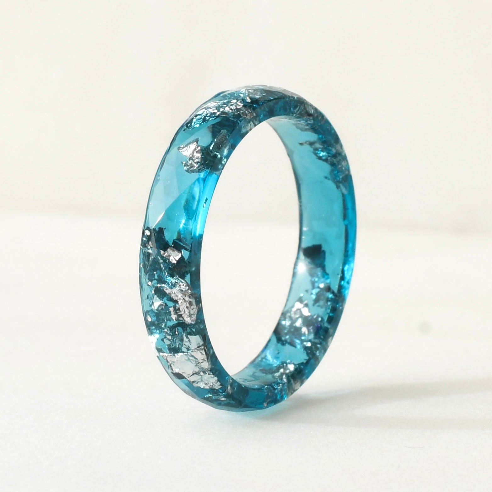 Slim faceted aqua resin ring with silver flakes minimalist jewelry