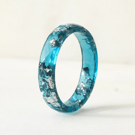 Slim faceted aqua resin ring with silver flakes minimalist jewelry
