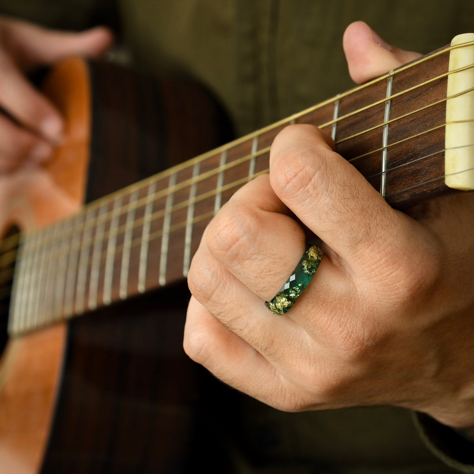 artisan emerald green resin ring gold leaf men
